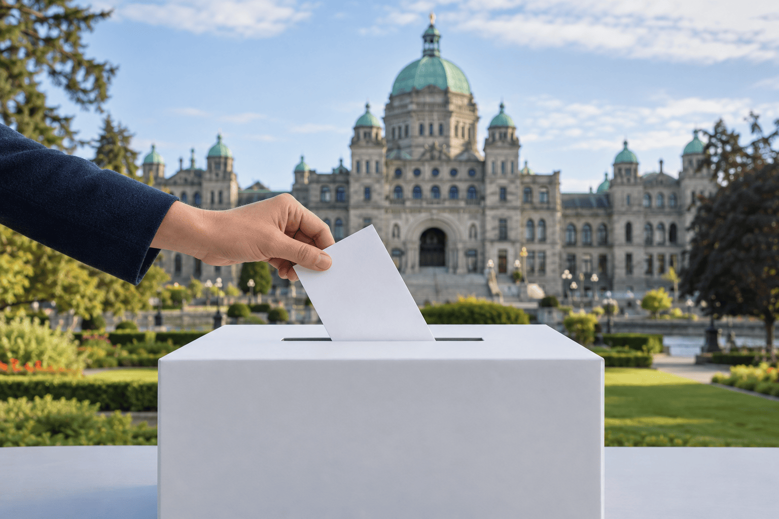 A ballot being placed in a box with the British Columbia Parliament Buildings in the background